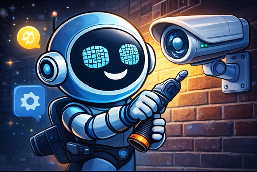 GHFS robot with CCTV/security theme, representing CCTV and alarm systems.