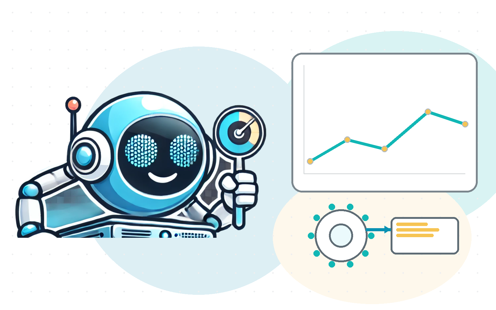 GHFS robot with performance chart and workflow icon, representing custom software and automation.
