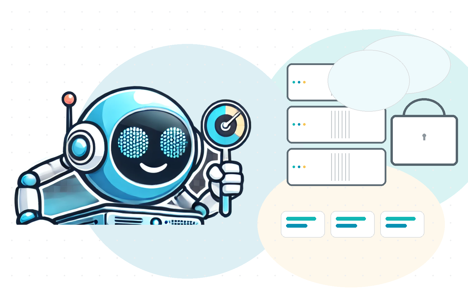 GHFS robot next to server stacks and a security lock, representing hosting, domains and SSL.