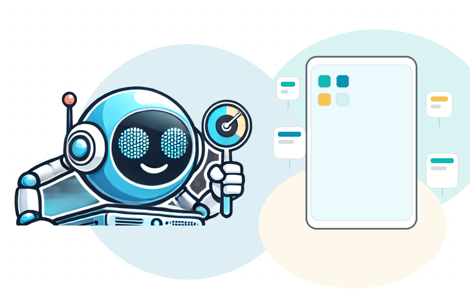 GHFS robot beside a smartphone UI, representing mobile application development.