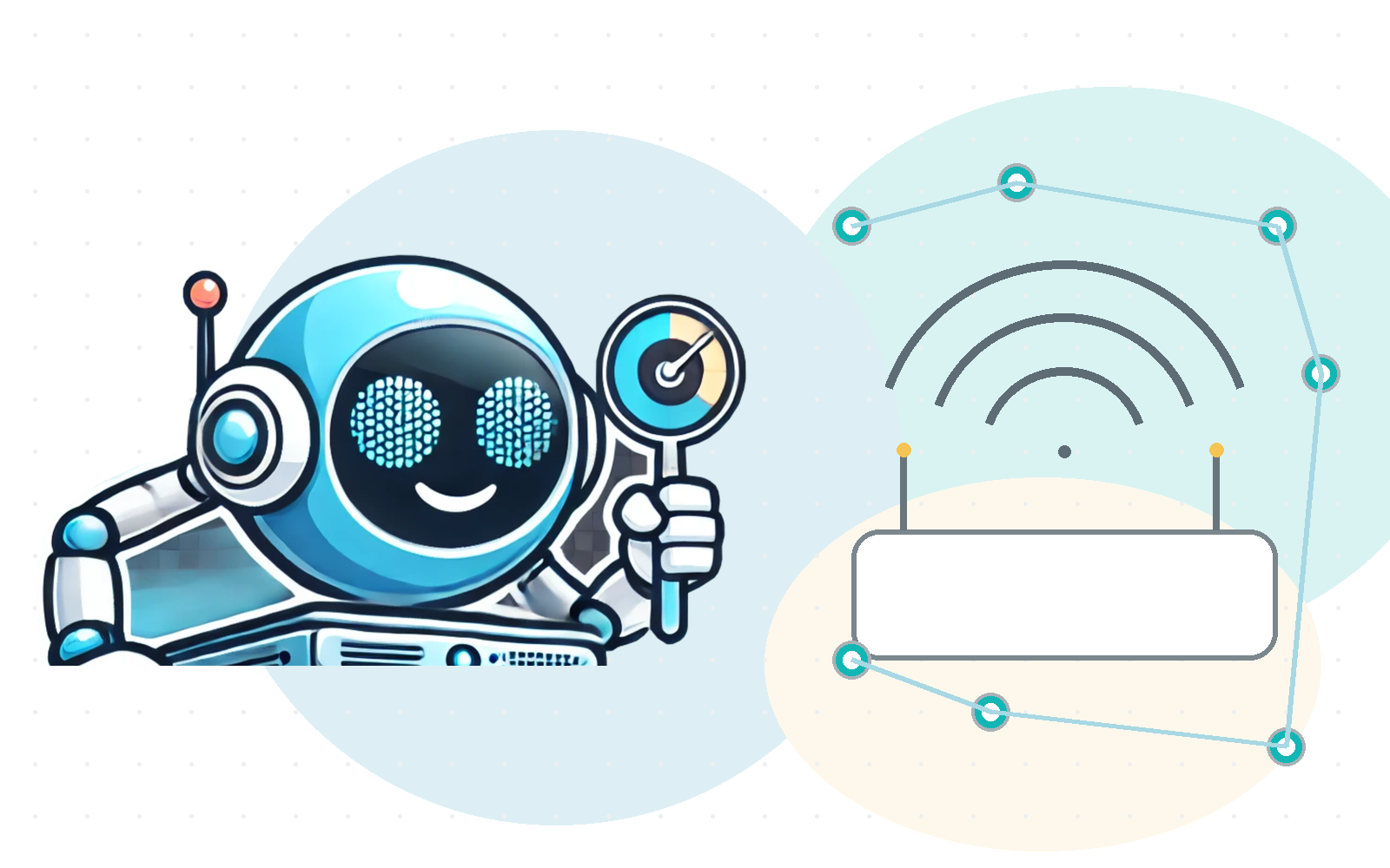 GHFS robot with Wi-Fi and network nodes, representing workplace LAN and Wi-Fi design.